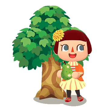 animal crossing girl with a pear in front of a tree
